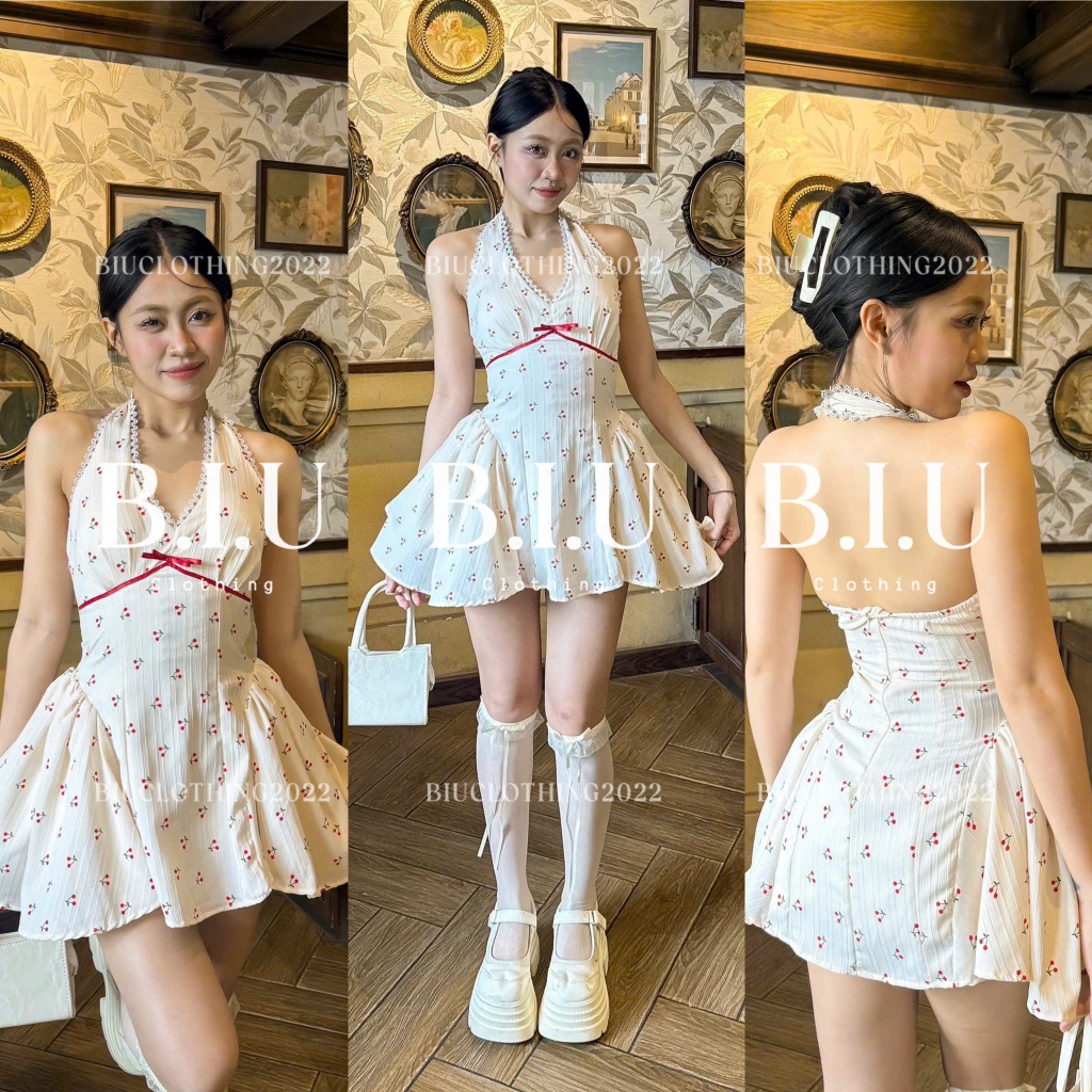 Đầm yếm hở lưng dáng xòe ren ngực họa tiết cherry douyin dễ thương đáng yêu Heu Dress Biu Clothing BB0506