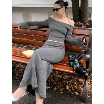 set áo len trễ vai, set áo croptop váy len, set áo len nữ đẹp set đồ len body nữ, set chân váy dài, set len sang chảnh