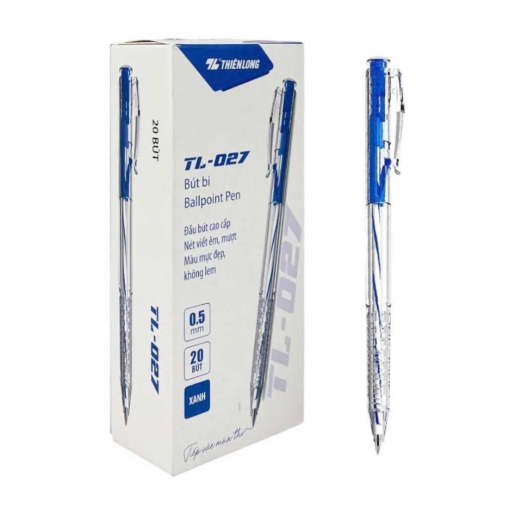 Hộp 20 Bút Bi Thiên Long TL-027 Ngòi 0,5mm - Bút Bi Viết Mực Xanh