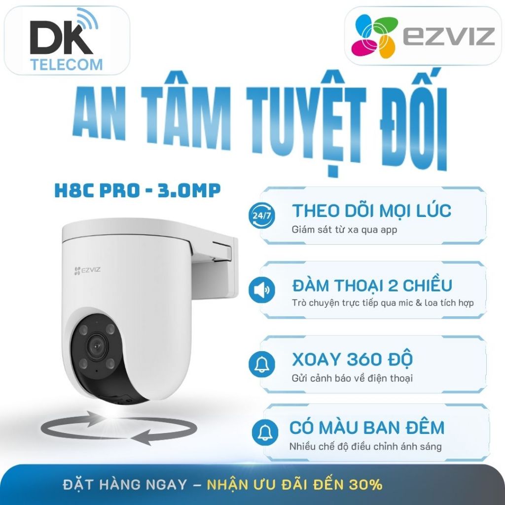 Camera Wifi Ezviz H8C 3MP, Xoay 360, Ngoài trời chống nước, Ban đêm có màu, Bảo hành 24 tháng