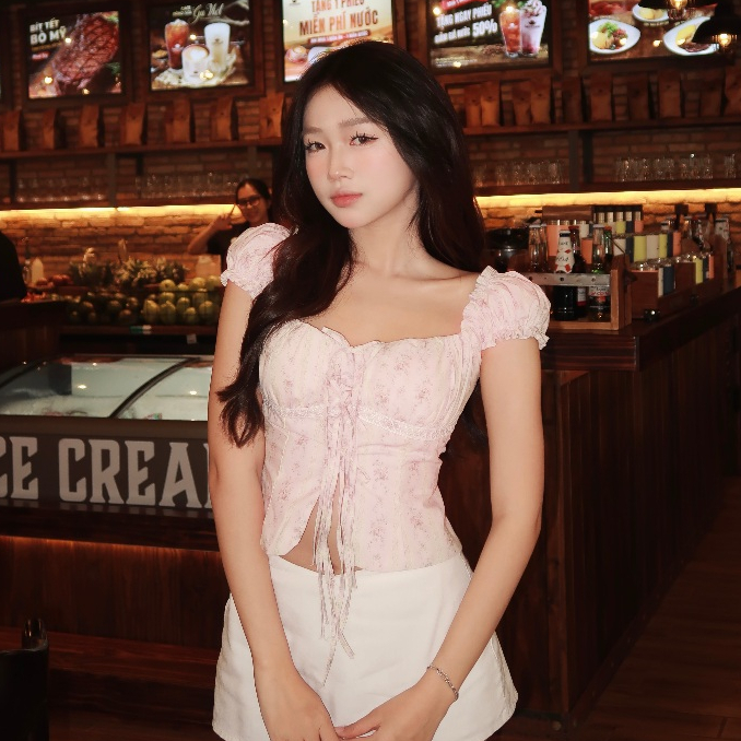 Áo Babydoll Trễ Hở Vai Hoa (Có Mút Ngực) Xẻ Trước Phối Dây Nơ Chun Lưng Phong Cách Công Chúa Kimee - KA639