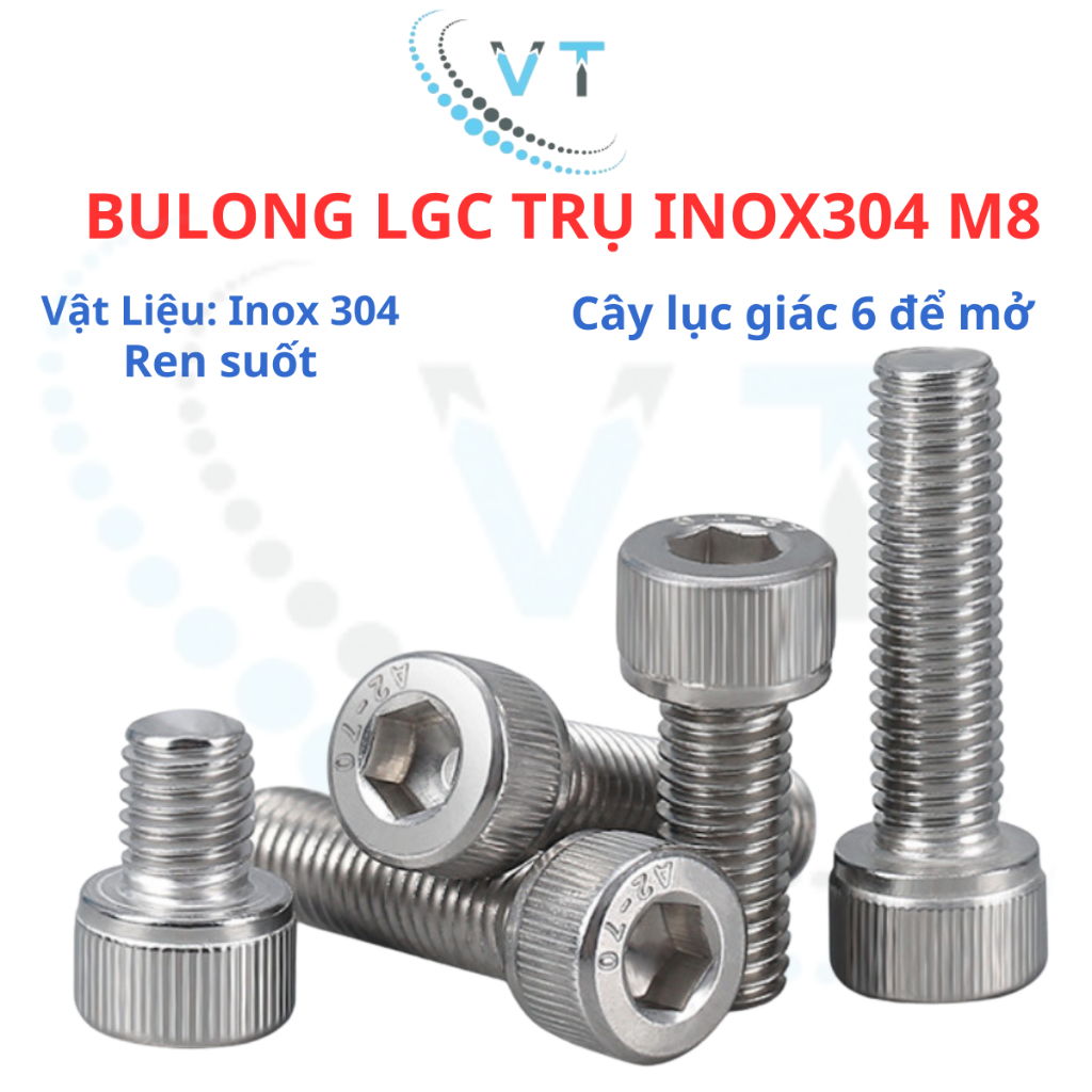 [Set 5 Con] Bulong Lục Giác Chìm Đầu Trụ Inox 304 M8 (8 Ly) - Đủ Size 10mm Đến 120mm Chống Gỉ Cao Cấp
