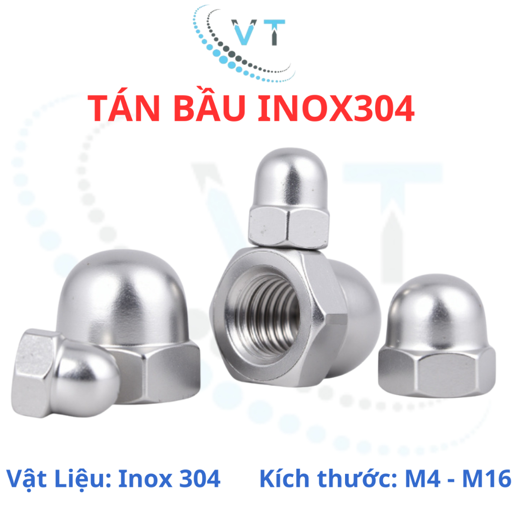 Tán Bầu Inox 304 - Đai Ốc Mũ, Đai Ốc Chỏm Cầu M4 M5 M6 M8 M10 - Hàng Sáng Bóng Không Gỉ, Che Đầu Bulong Thẩm Mỹ