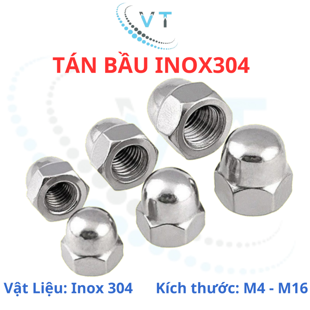 Tán Bầu Inox 304 - Đai Ốc Mũ, Đai Ốc Chỏm Cầu M4 M5 M6 M8 M10 - Hàng Sáng Bóng Không Gỉ, Che Đầu Bulong Thẩm Mỹ