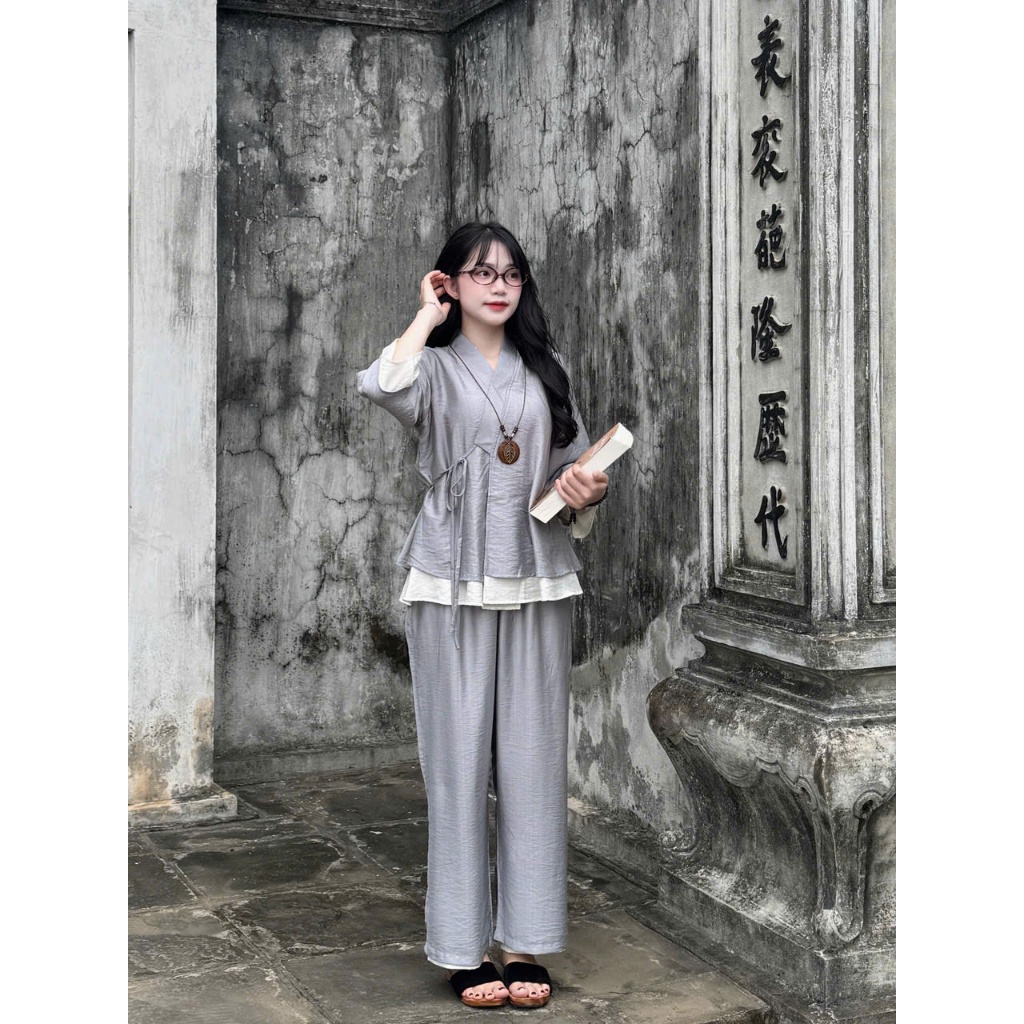 Đồ lam đi chùa vạt chéo đũi tơ 2 tầng Pháp phục lễ chùa cách tân tay lỡ thắt nơ đũi mềm mát mặc đi lễ tu tập-TH