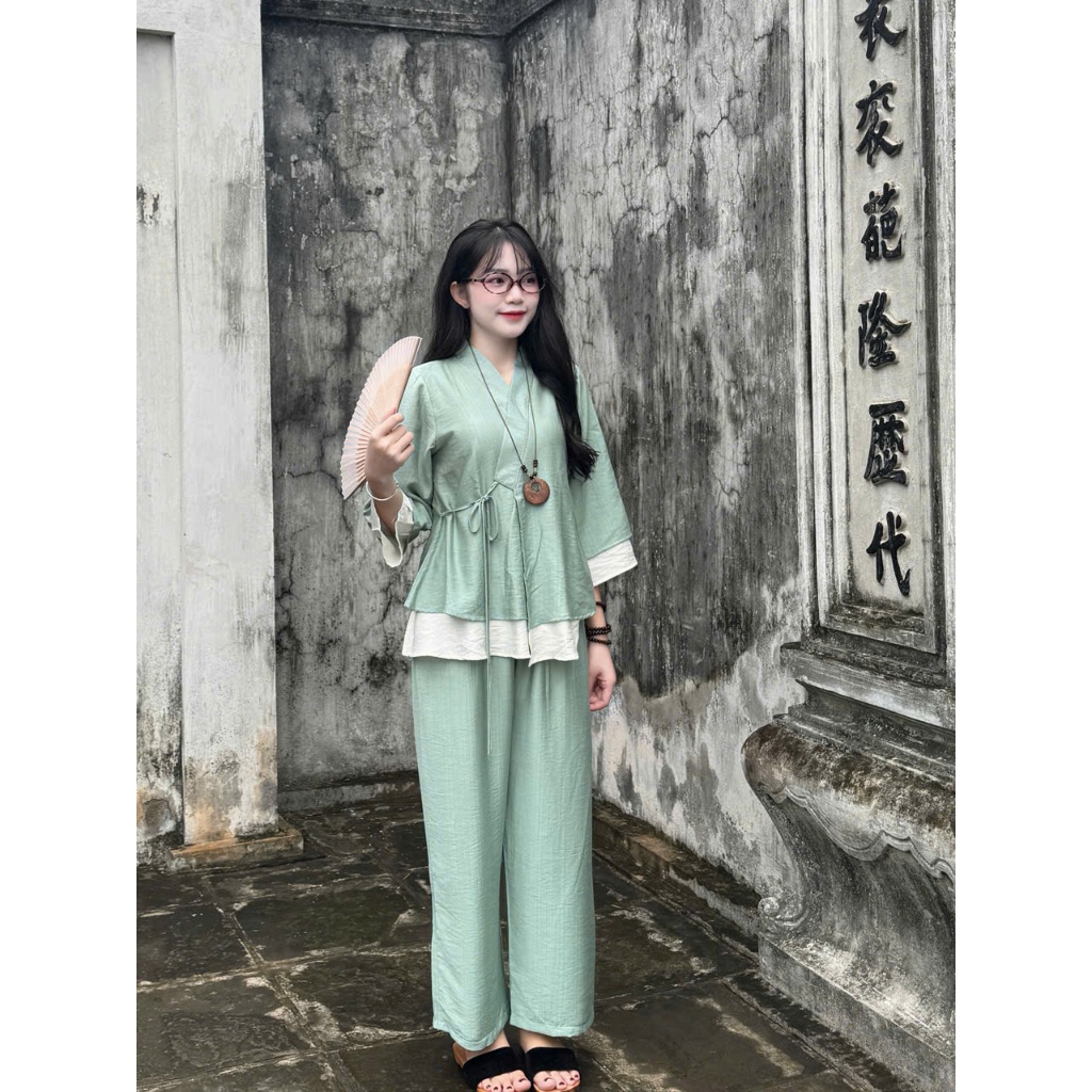 Đồ lam đi chùa vạt chéo đũi tơ 2 tầng Pháp phục lễ chùa cách tân tay lỡ thắt nơ đũi mềm mát mặc đi lễ tu tập-TH