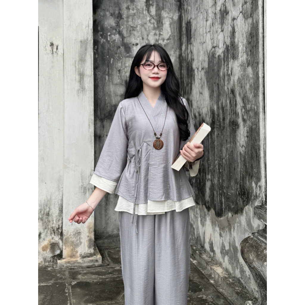 Đồ lam đi chùa vạt chéo đũi tơ 2 tầng Pháp phục lễ chùa cách tân tay lỡ thắt nơ đũi mềm mát mặc đi lễ tu tập-TH