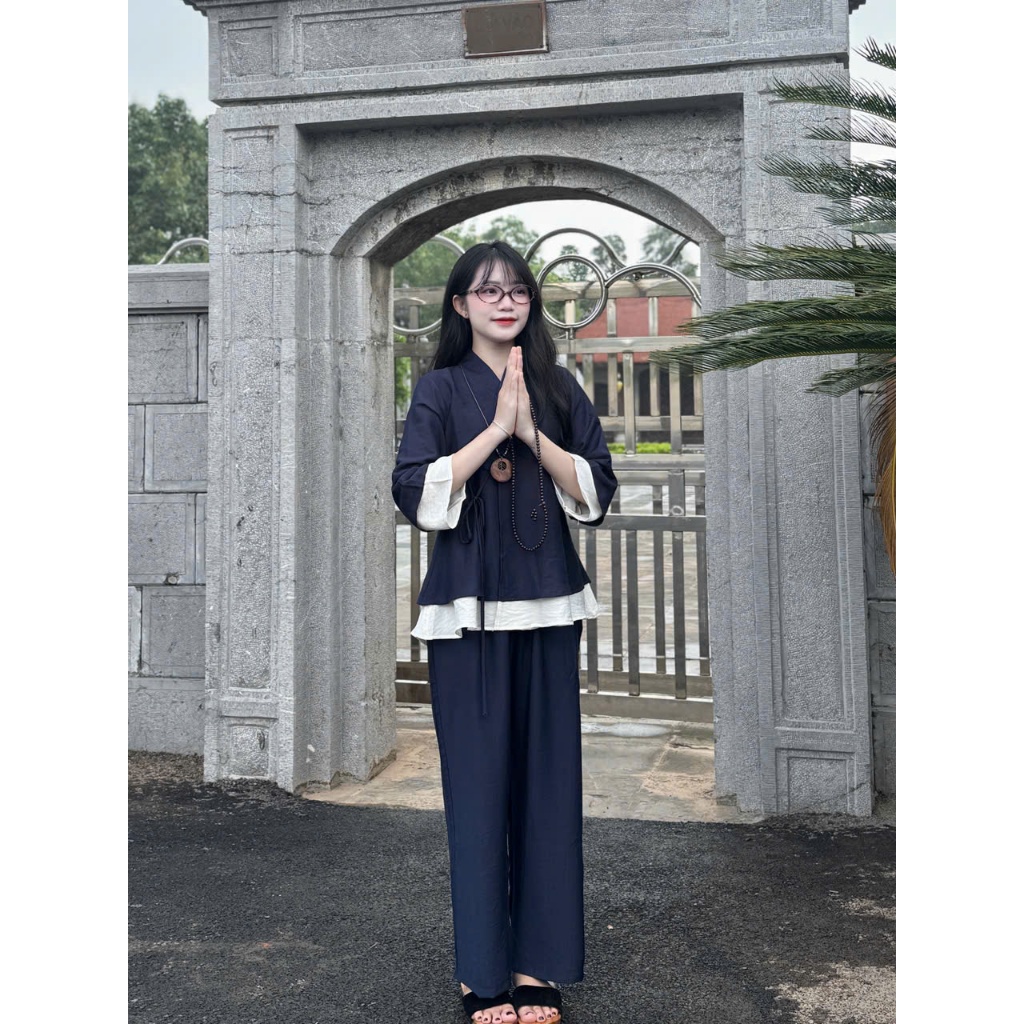 Đồ lam đi chùa vạt chéo đũi tơ 2 tầng Pháp phục lễ chùa cách tân tay lỡ thắt nơ đũi mềm mát mặc đi lễ tu tập-TH