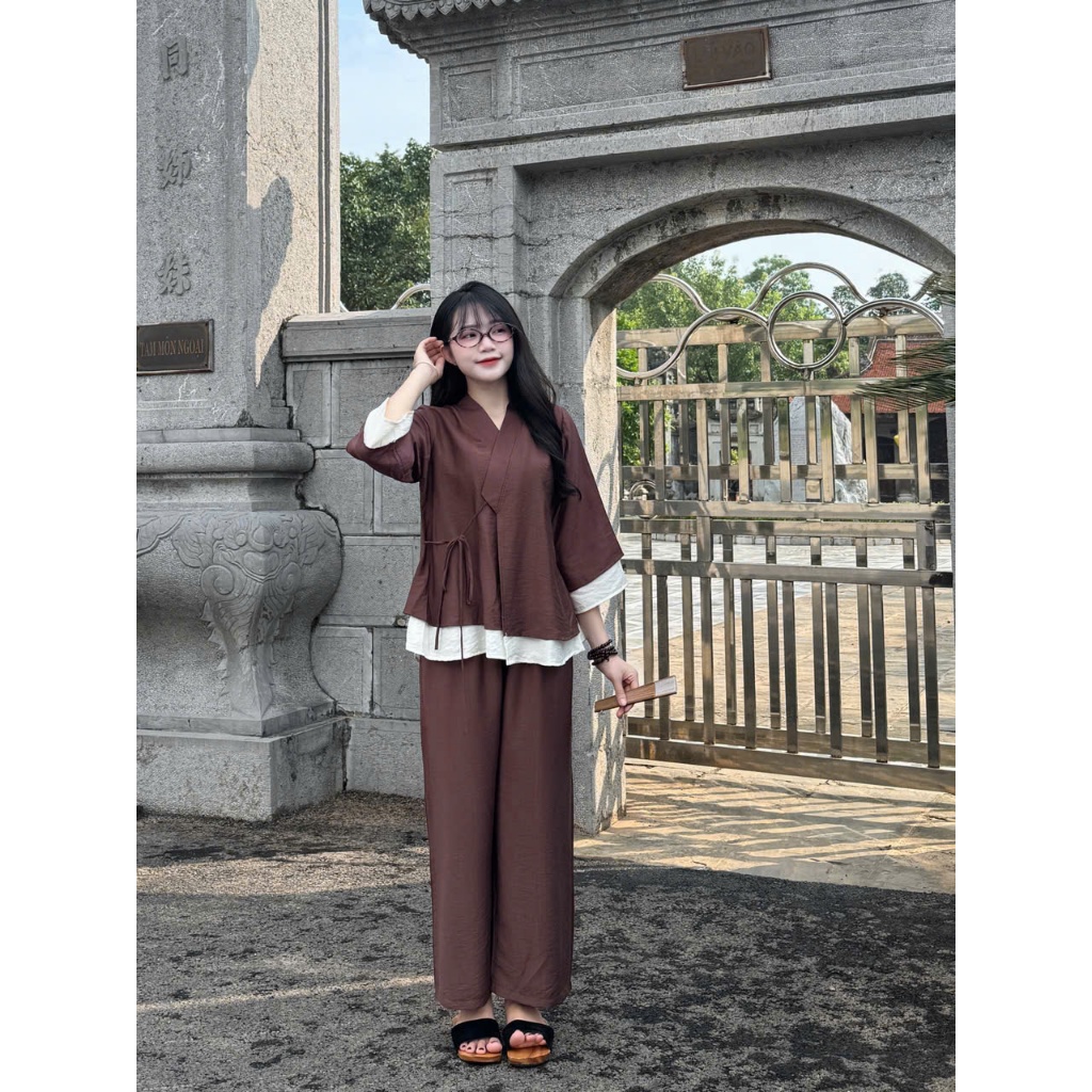 Đồ lam đi chùa vạt chéo đũi tơ 2 tầng Pháp phục lễ chùa cách tân tay lỡ thắt nơ đũi mềm mát mặc đi lễ tu tập-TH