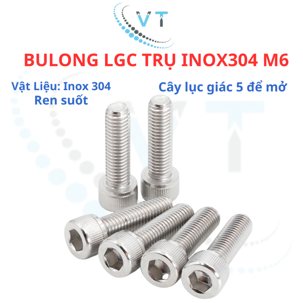 Bulong lục giá chìm đầu trụ Inox304 M6, độ dài 10mm - 100mm (combo 20 con)