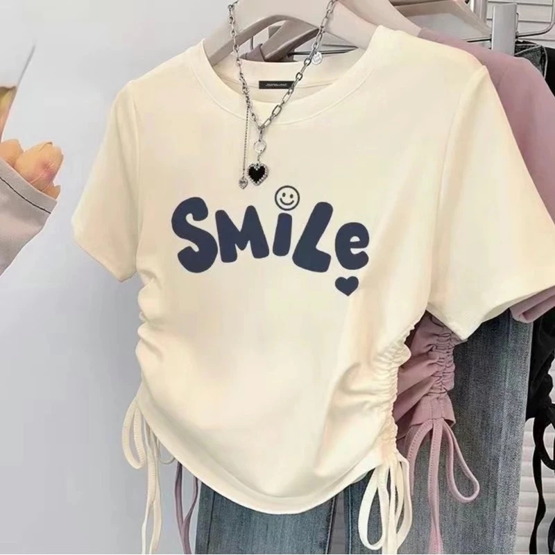 Áo croptop thun gân in SMILE mặt cười nhỏ Dúm eo  siêu đáng yêu dễ thương fresize 38-55kg