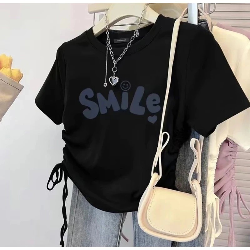Áo croptop thun gân in SMILE mặt cười nhỏ Dúm eo  siêu đáng yêu dễ thương fresize 38-55kg