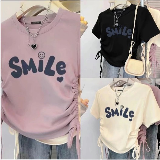 Áo croptop thun gân in SMILE mặt cười nhỏ Dúm eo  siêu đáng yêu dễ thương fresize 38-55kg