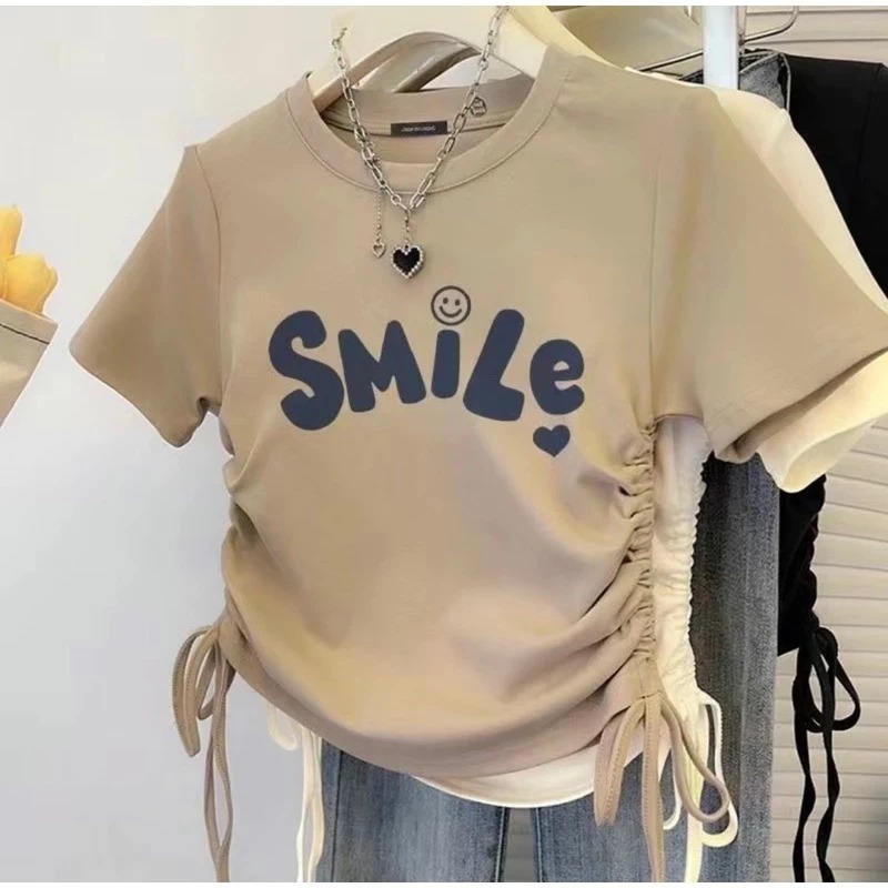 Áo croptop thun gân in SMILE mặt cười nhỏ Dúm eo  siêu đáng yêu dễ thương fresize 38-55kg