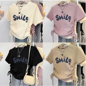 Áo croptop thun gân in SMILE mặt cười nhỏ Dúm eo siêu đáng yêu dễ thương fresize 38-55kg
