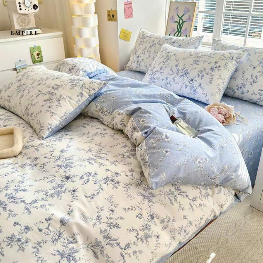 Bộ chăn ga gối nệm đêm 4 món cotton 100% Empire chăn chần bông mát không xù lông - Bedding & Decor