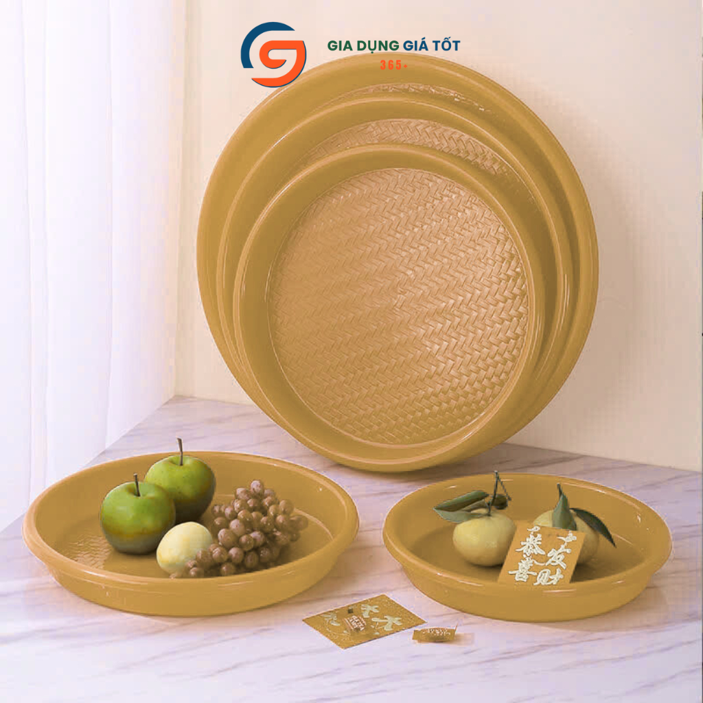 Mâm nhựa tròn Thảo Long giả mây tre đan đủ size, đĩa nhựa sâu bày đồ ăn, trái cây, bánh kẹo, cúng lễ