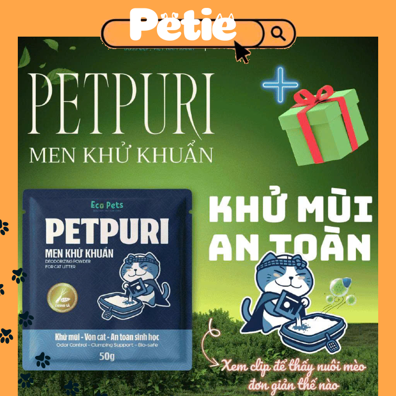Men cao cấp PETPURI 50g khử khuẩn & khử mùi cát vệ sinh, hương chanh và lavender, bioline ecopets//