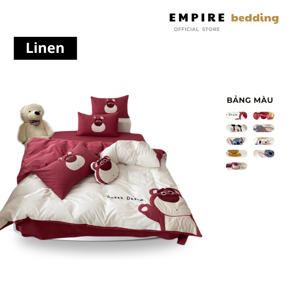 Bộ chăn ga em bé set 5 món cotton linen EMPIRE cao cấp chăn chần bông, bo chun drap giường miễn phí