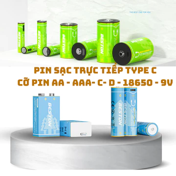 Beston Pin sạc trực tiếp cổng TypeC chuẩn 1.5V cỡ Pin D , Pin C, Pin AA, Pin AAA , pin 18650 ,pin 9v