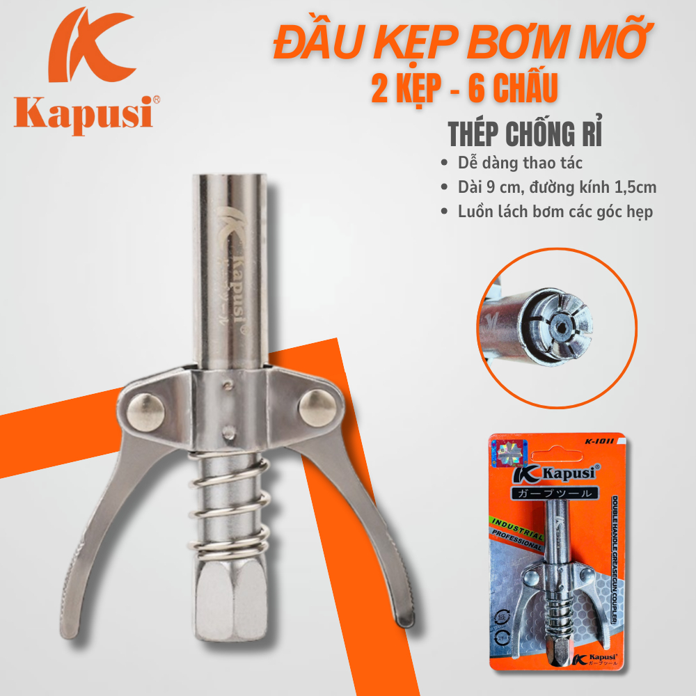 ĐẦU BƠM MỠ 2 KẸP 6 CHẤU KAPUSI K1011 – THÉP KHÔNG GỈ, BỀN BỈ, TIỆN DỤNG