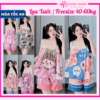 Đồ ngủ nữ 40-60kg, đồ ngủ 2 dây phối ren ngực quần đùi lụa xước mềm mát 60CS17, đồ bộ nữ đồ mặc nhà dễ thương cute