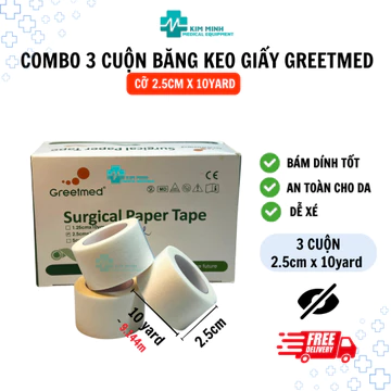 Combo 3 cuộn Băng keo giấy y tế - băng dính y tế Greetmed 2,5 cm x 10 yard (bản lớn)