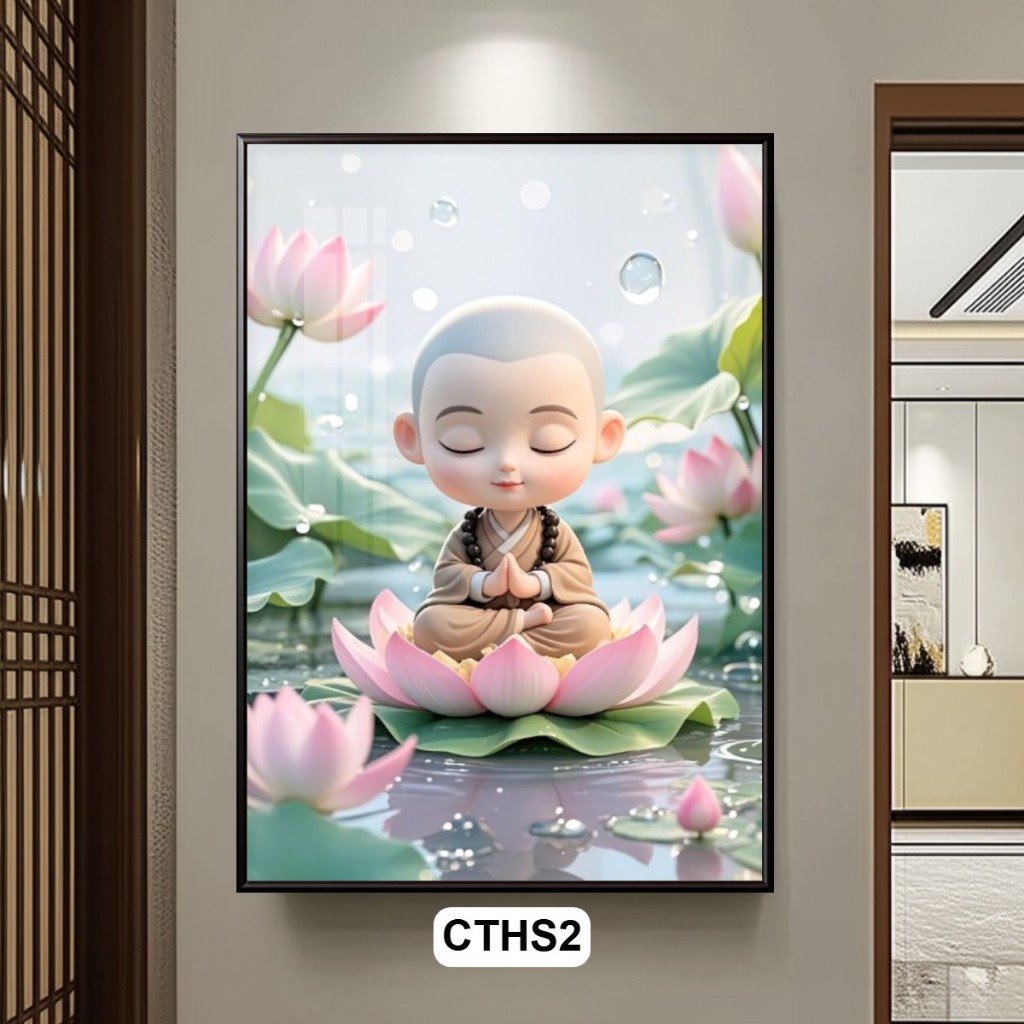 Tranh Chú Tiểu Và Hoa Sen Nghệ Thuật - Mang Lại Bình An, May Mắn, Sức Khỏe - Decor Trang Trí Phòng Khách Phòng Thờ