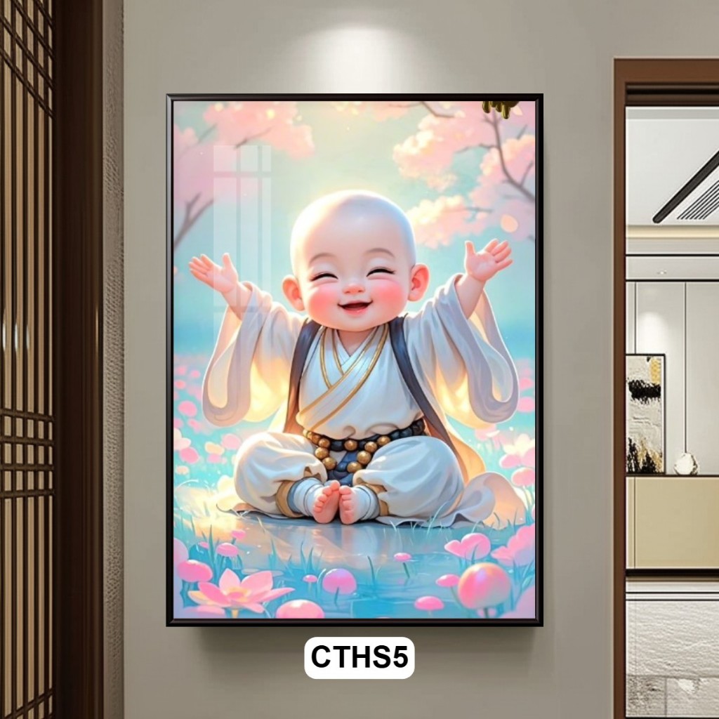 Tranh Chú Tiểu Và Hoa Sen Nghệ Thuật - Mang Lại Bình An, May Mắn, Sức Khỏe - Decor Trang Trí Phòng Khách Phòng Thờ