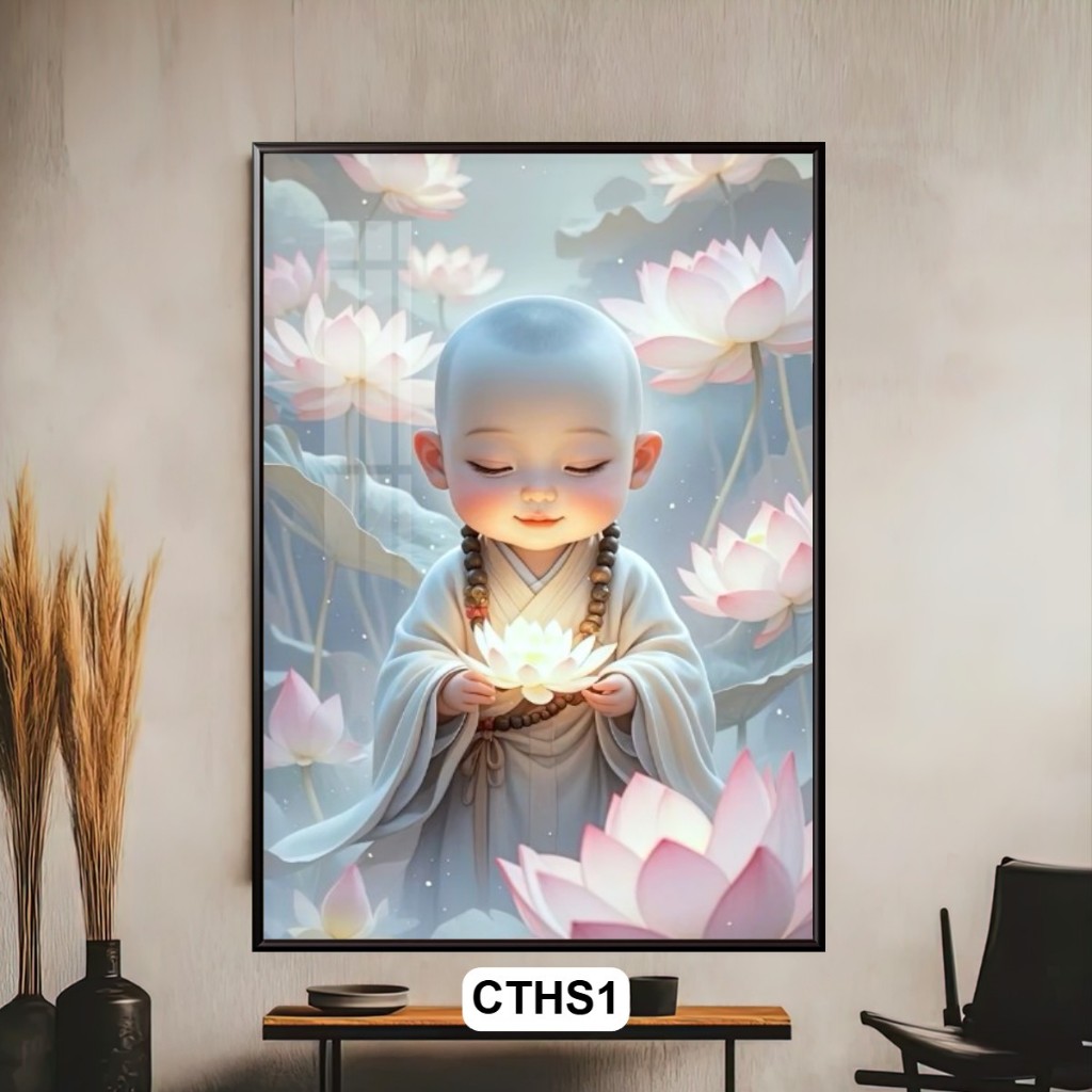 Tranh Chú Tiểu Và Hoa Sen Nghệ Thuật - Mang Lại Bình An, May Mắn, Sức Khỏe - Decor Trang Trí Phòng Khách Phòng Thờ