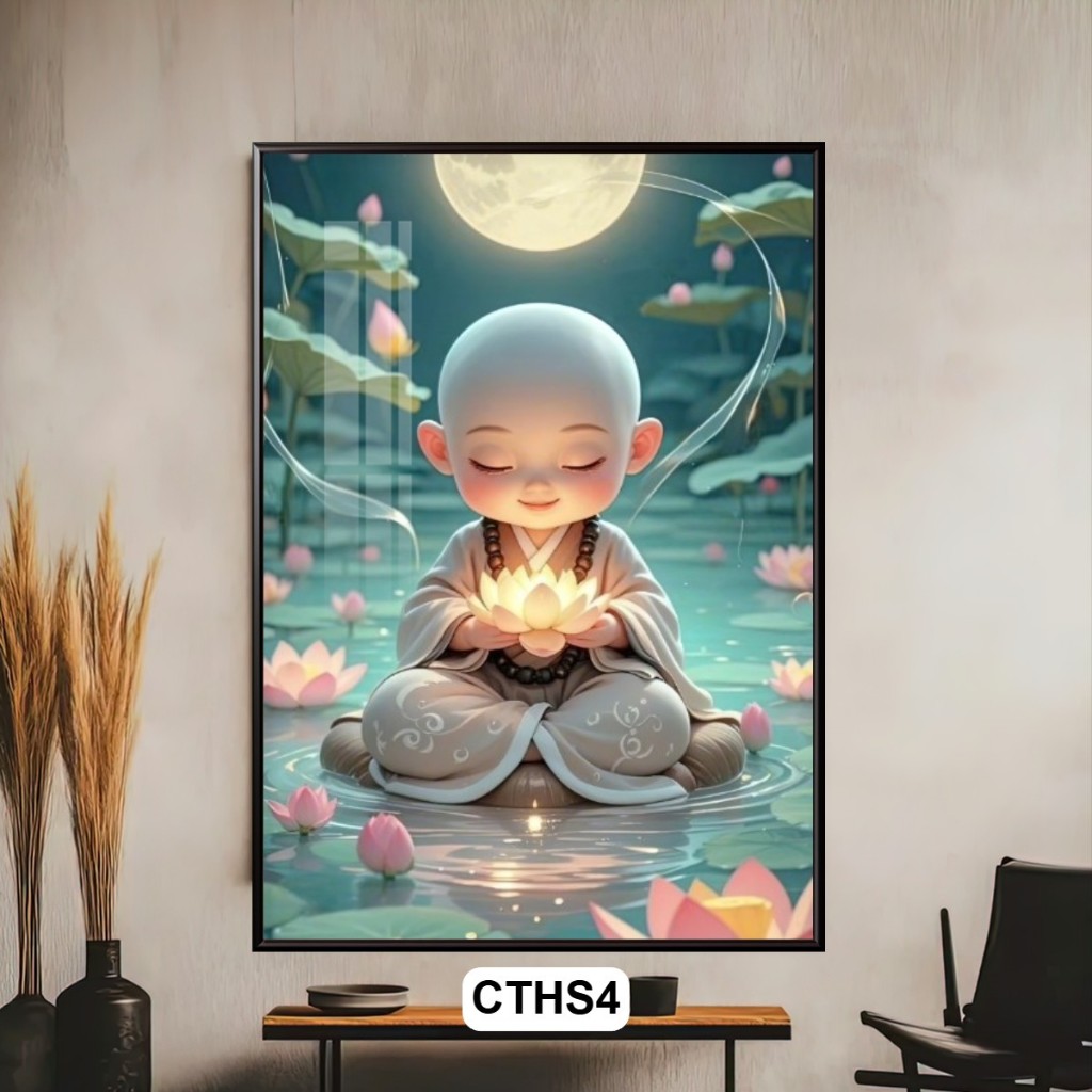 Tranh Chú Tiểu Và Hoa Sen Nghệ Thuật - Mang Lại Bình An, May Mắn, Sức Khỏe - Decor Trang Trí Phòng Khách Phòng Thờ