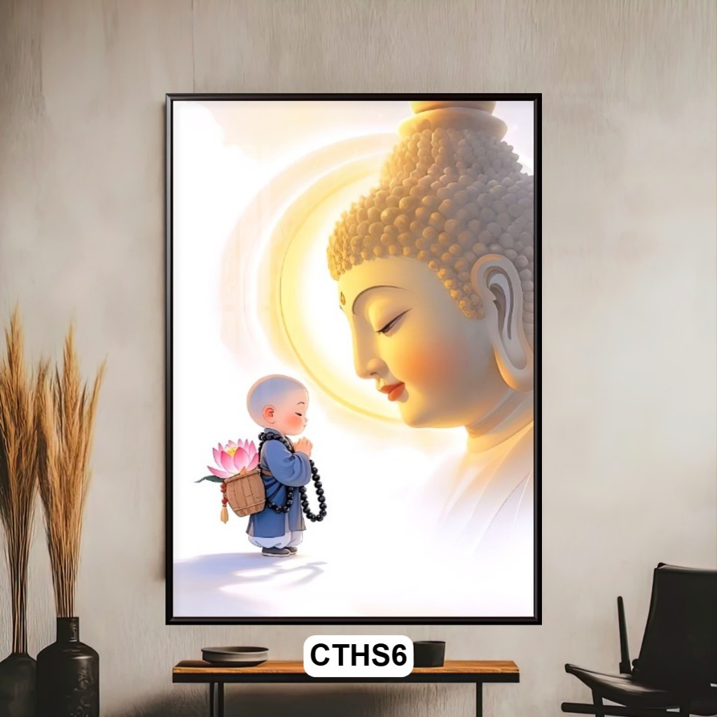 Tranh Chú Tiểu Và Hoa Sen Nghệ Thuật - Mang Lại Bình An, May Mắn, Sức Khỏe - Decor Trang Trí Phòng Khách Phòng Thờ