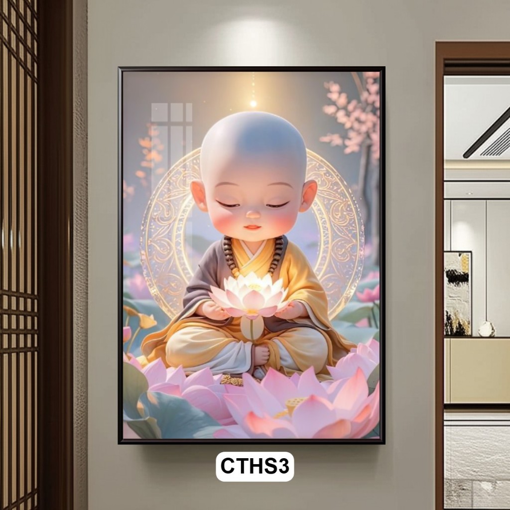 Tranh Chú Tiểu Và Hoa Sen Nghệ Thuật - Mang Lại Bình An, May Mắn, Sức Khỏe - Decor Trang Trí Phòng Khách Phòng Thờ