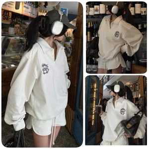 Set Bộ Raplan Thêu Hình Cổ Bẻ Dài Tay Bồng Màu Be Nữ.Bộ đồ thụng quần short áo form rộng Ulzzang