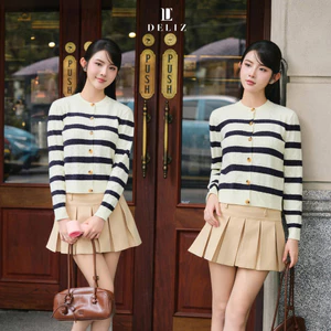 DELIZ - Áo len cardigan dài tay cổ tròn dáng ngắn len lông thỏ vặn thừng cao cấp CD849