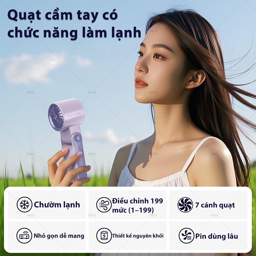Quạt mini cầm tay 199 tốc độ gió mini quạt di động màn hình LED hiển thị tích điện pin 8000-15000mAh