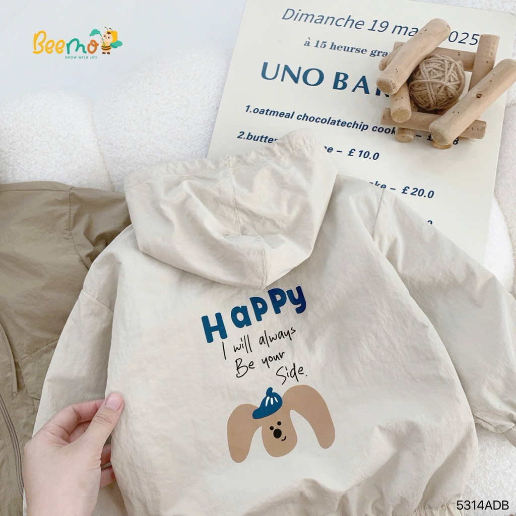 Áo khoác gió 2 lớp Beemo in hình chú chó chất liệu siêu nhẹ thoải mái cho bé 9-24kg