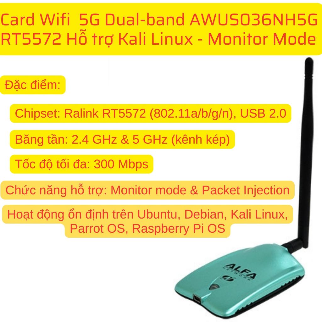 Card WiFi ALFA AWUS1900 chính hãng – Hỗ trợ Kali Linux, Monitor