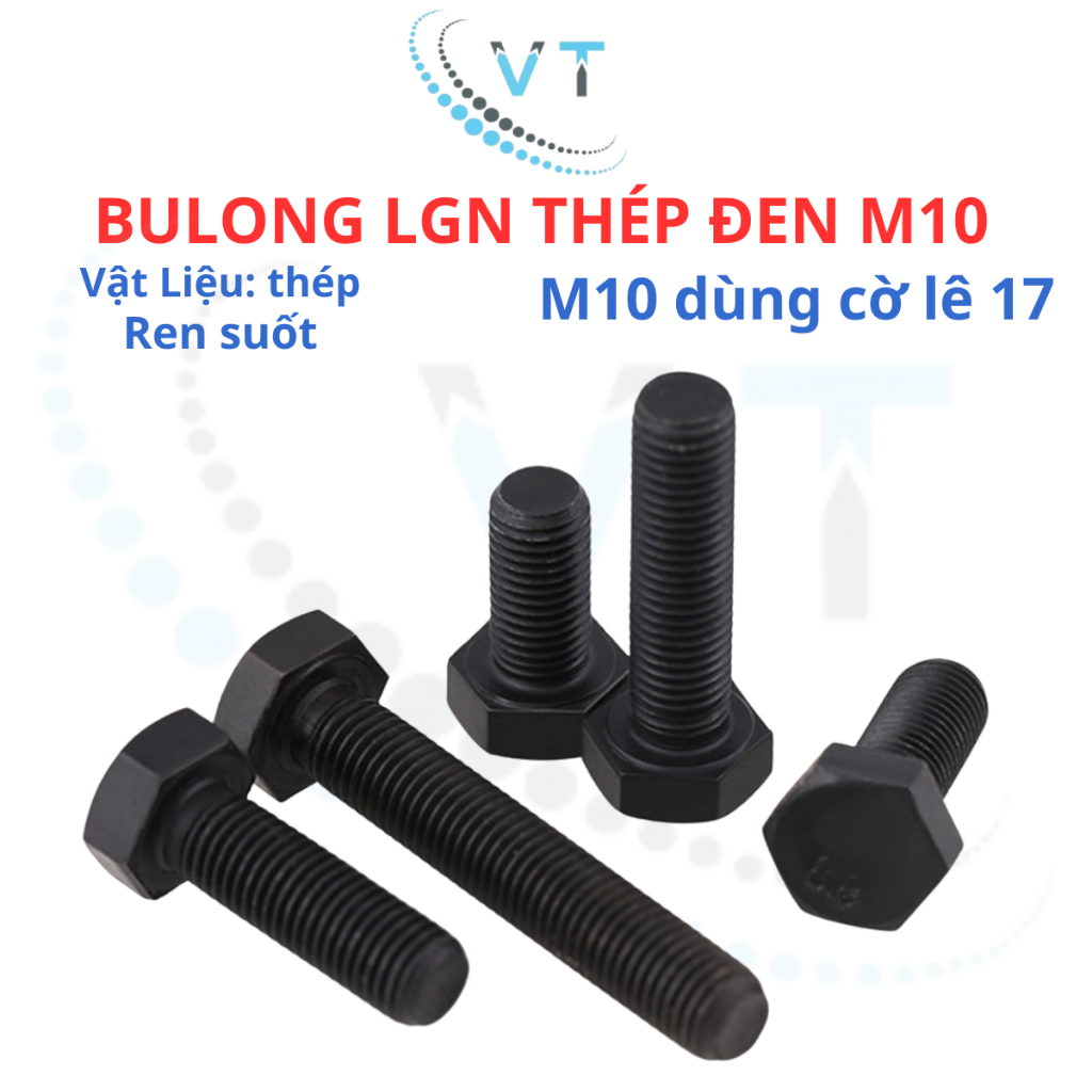 Combo 10 con Bulong M10 (10 li) lục giác ngoài thép đen dài từ 20mm - 150mm