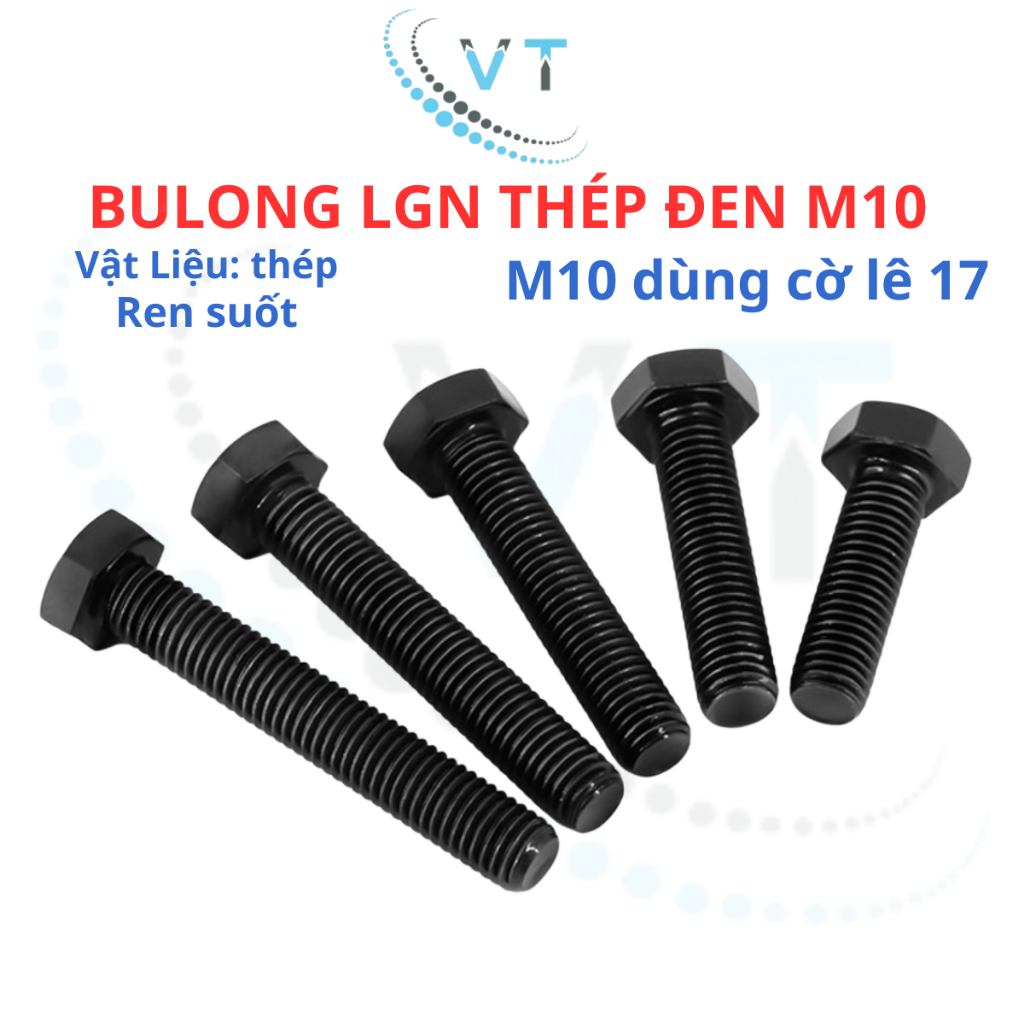 Combo 10 con Bulong M10 (10 li) lục giác ngoài thép đen dài từ 20mm - 150mm