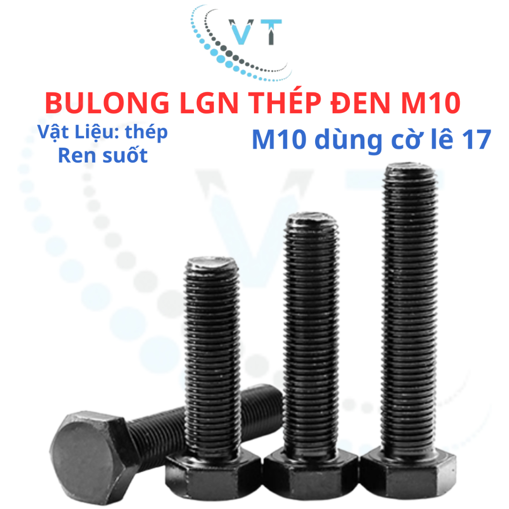 Combo 10 con Bulong M10 (10 li) lục giác ngoài thép đen dài từ 20mm - 150mm