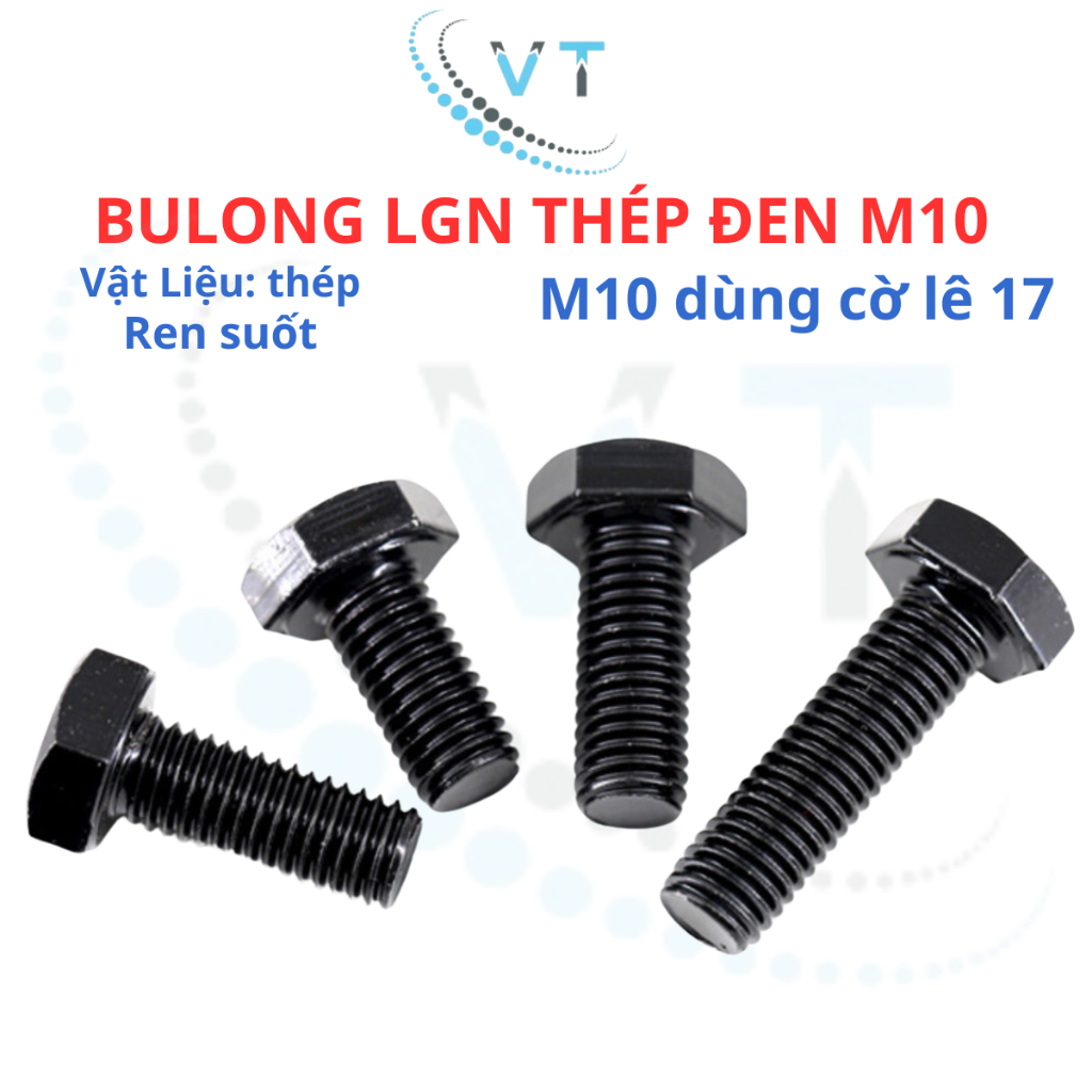 Combo 10 con Bulong M10 (10 li) lục giác ngoài thép đen dài từ 20mm - 150mm