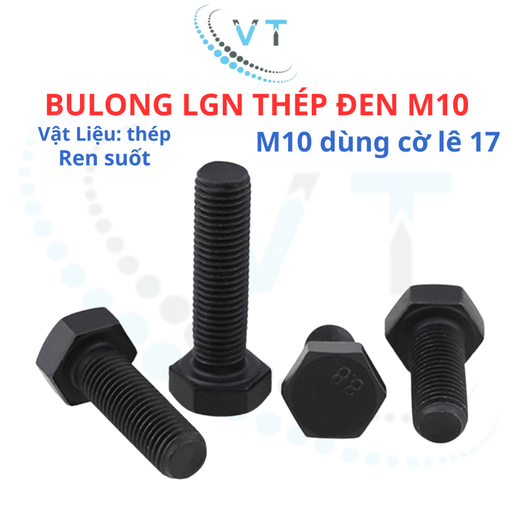 Combo 10 con Bulong M10 (10 li) lục giác ngoài thép đen dài từ 20mm - 150mm