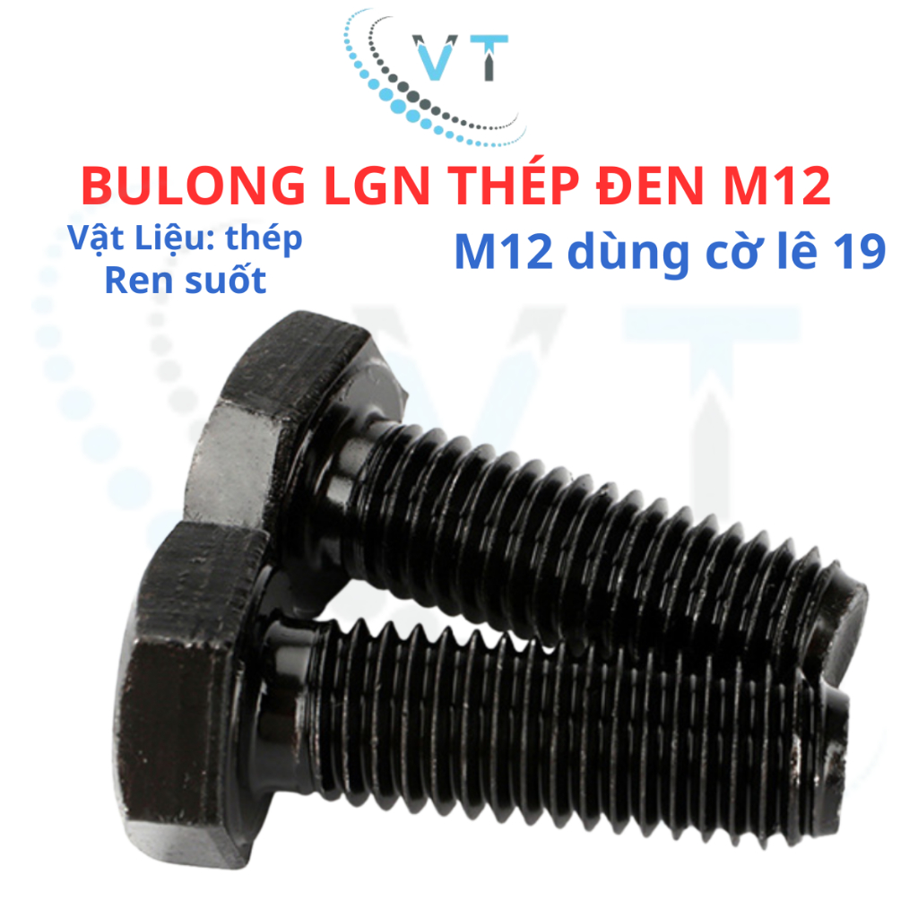 Set 10 con bulong lục giác ngoài đen M12 cấp bền 8.8 M12 dài 30 đến 120