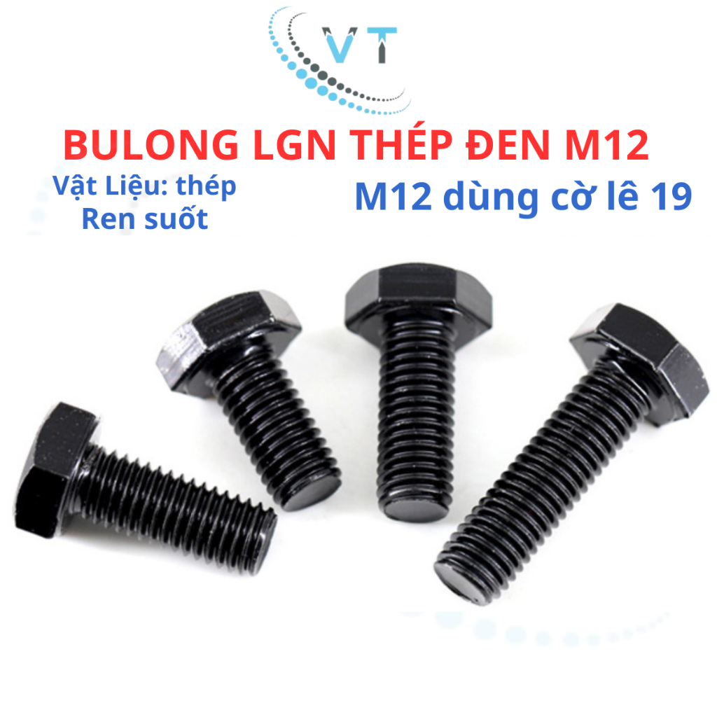 Set 10 con bulong lục giác ngoài đen M12 cấp bền 8.8 M12 dài 30 đến 120