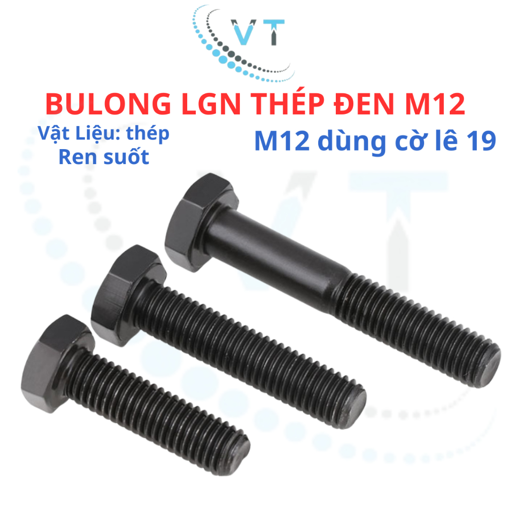 Set 10 con bulong lục giác ngoài đen M12 cấp bền 8.8 M12 dài 30 đến 120