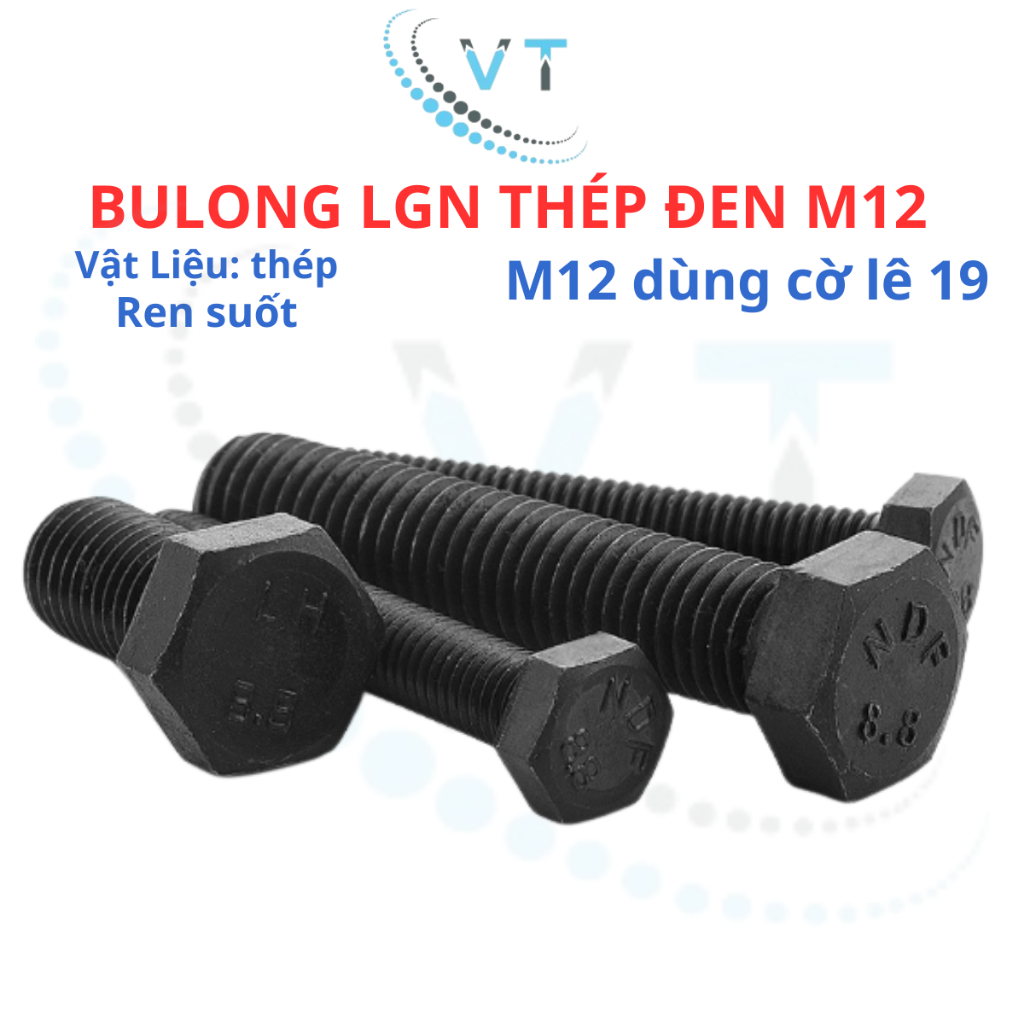 Set 10 con bulong lục giác ngoài đen M12 cấp bền 8.8 M12 dài 30 đến 120