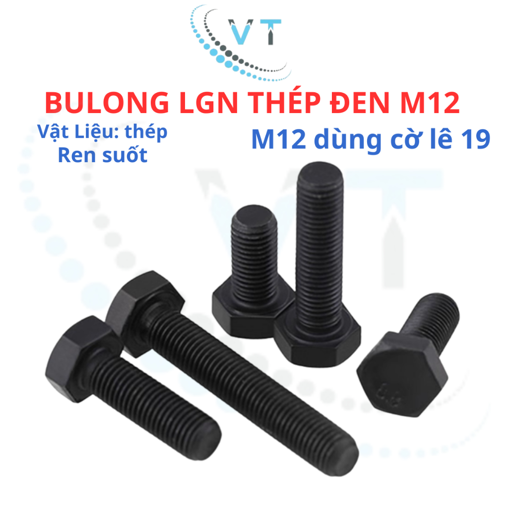 Set 10 con bulong lục giác ngoài đen M12 cấp bền 8.8 M12 dài 30 đến 120