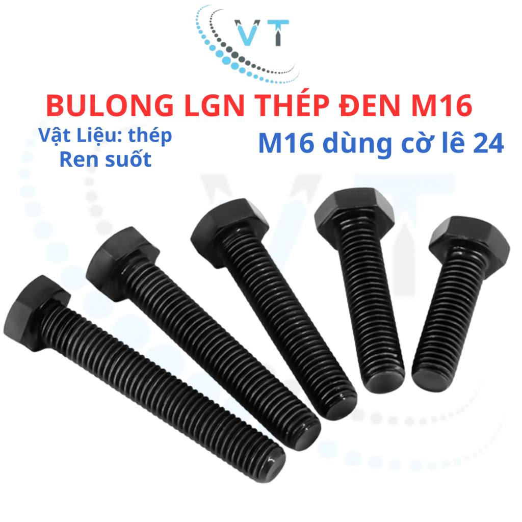 Set 5 con bulong lục giác ngoài đen M16 cấp bền 8.8 M16 dài 30mm - 150mm