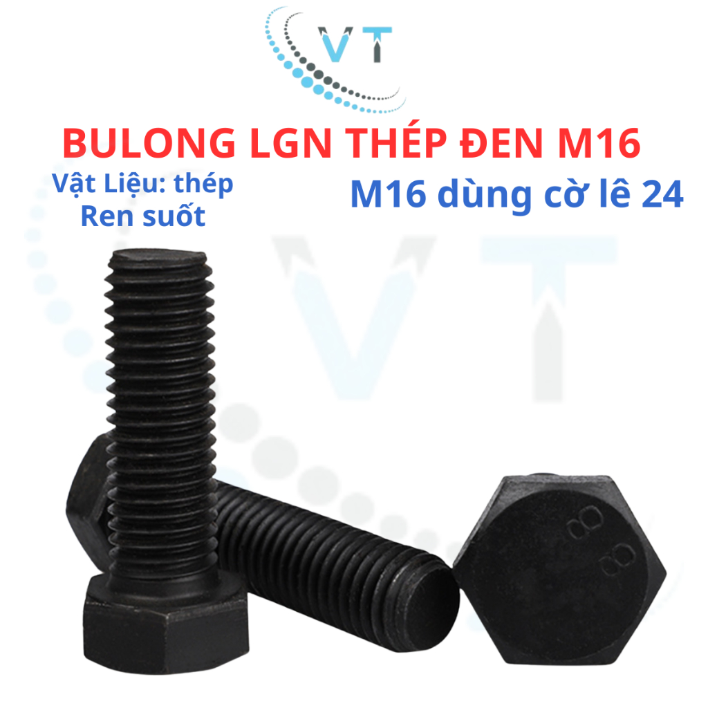 Set 5 con bulong lục giác ngoài đen M16 cấp bền 8.8 M16 dài 30mm - 150mm